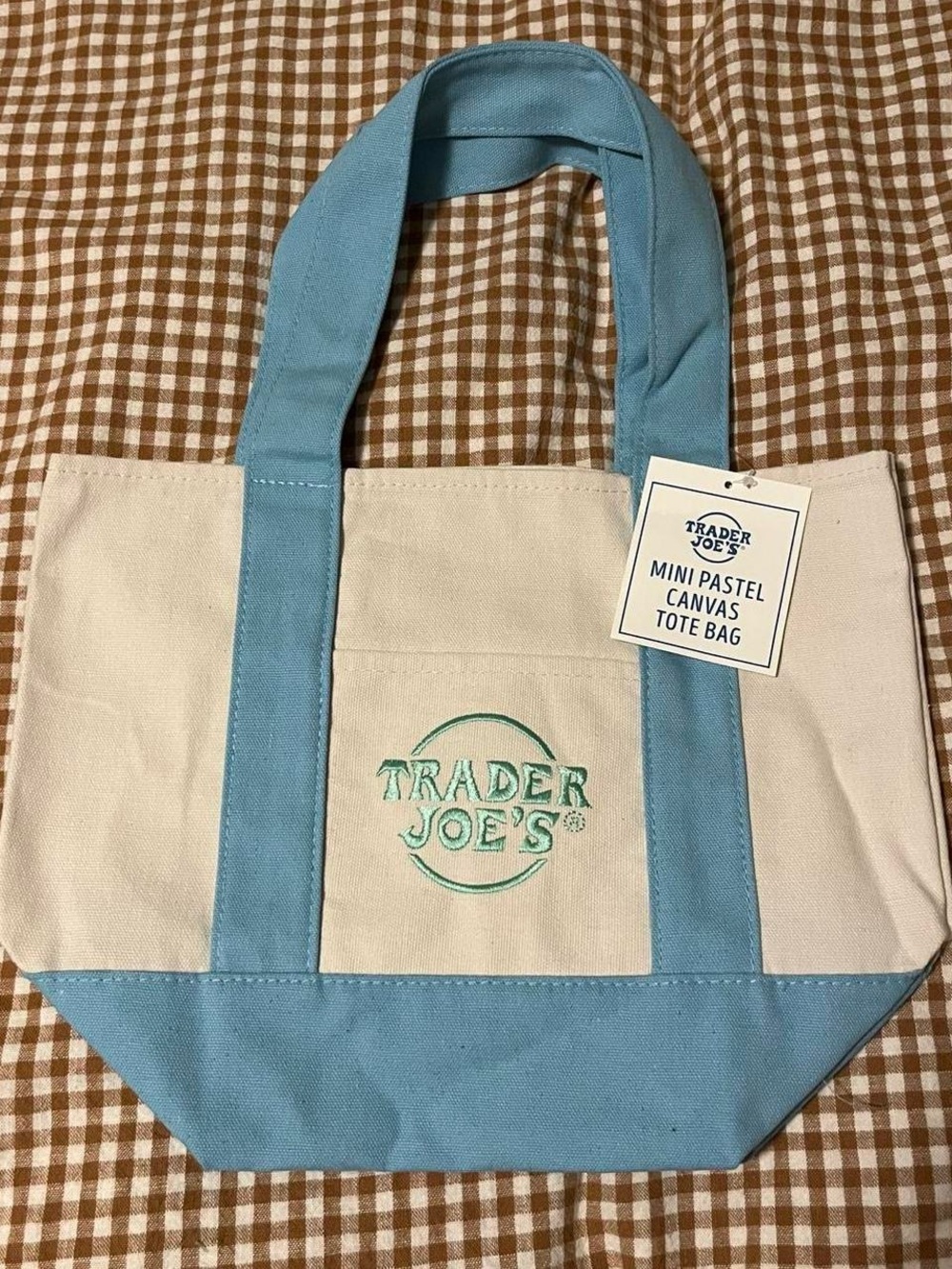 Trader Joe's Mini Pastel Canvas Tote in Light Blue and Cream